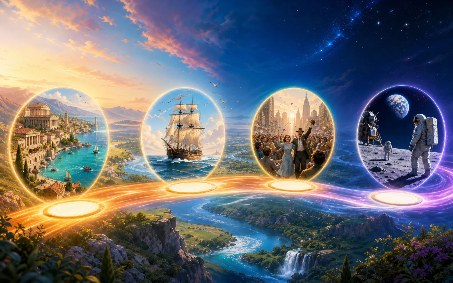 Historic worlds arranged along a river of time