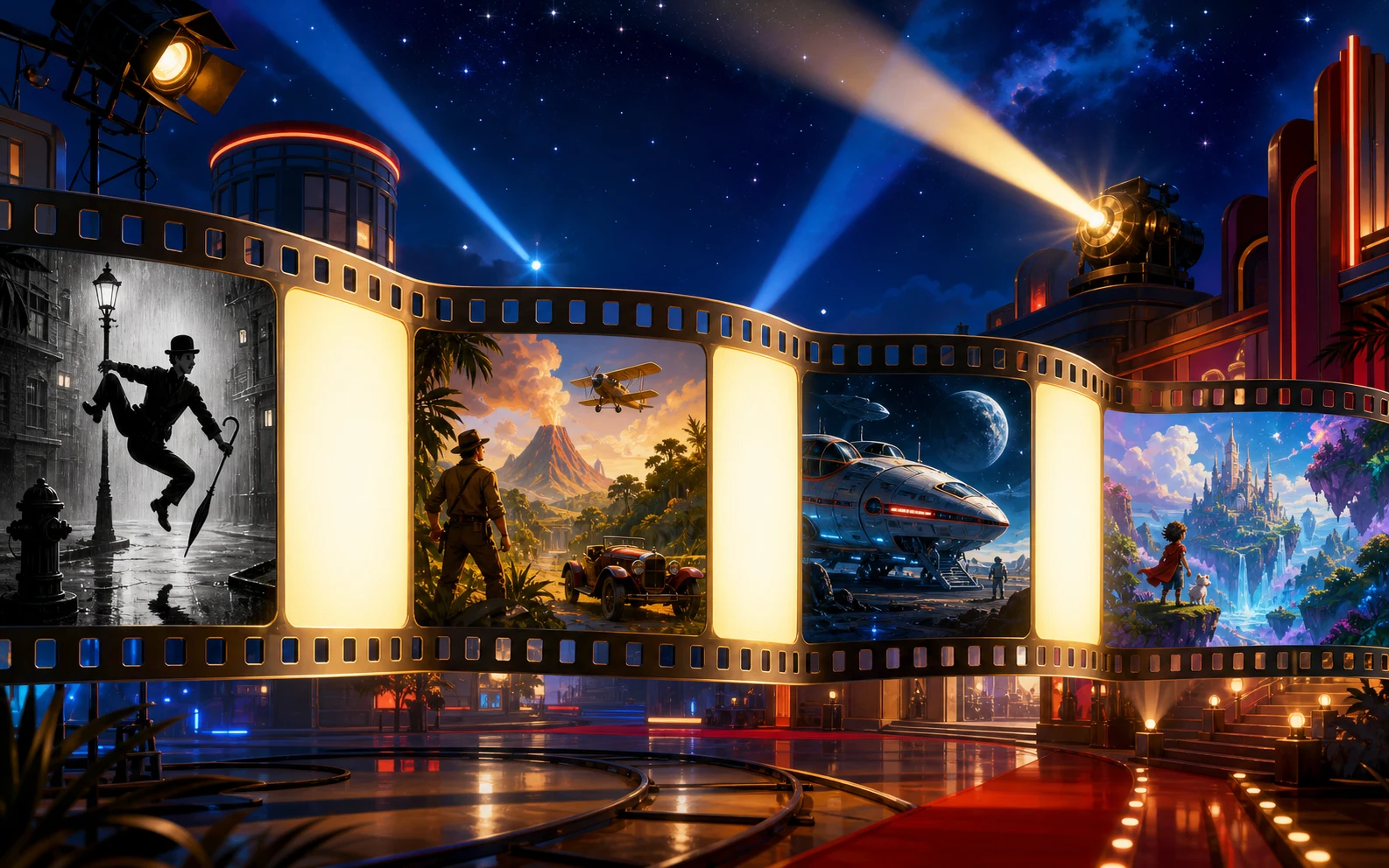 Movie eras arranged along a cinematic film ribbon