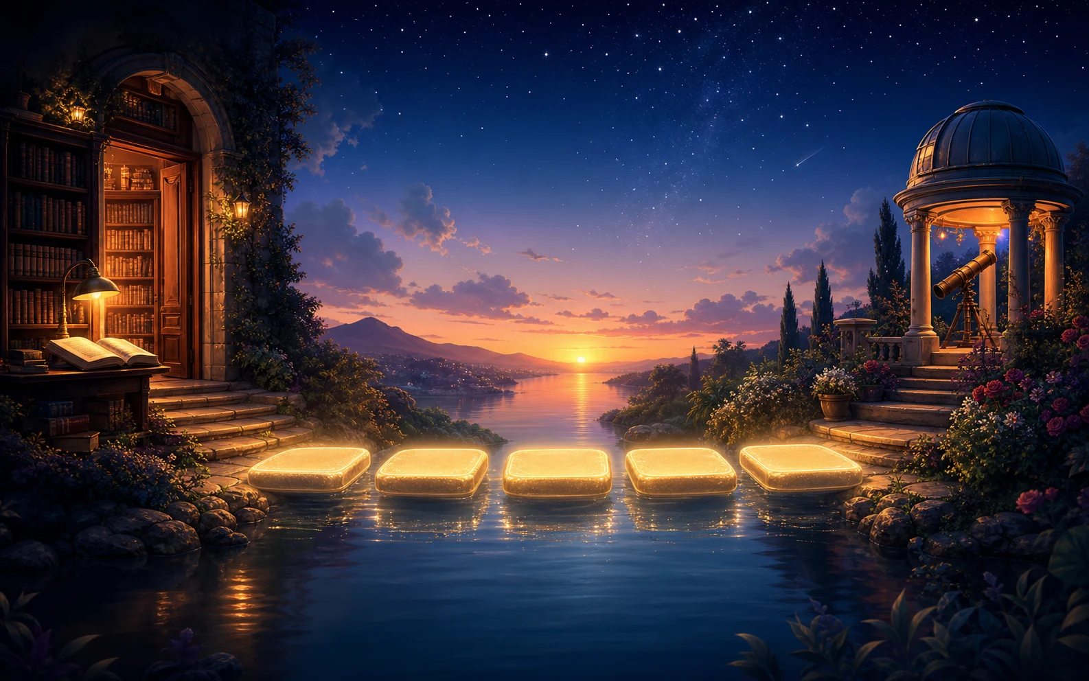 A glowing bridge between a library and an observatory