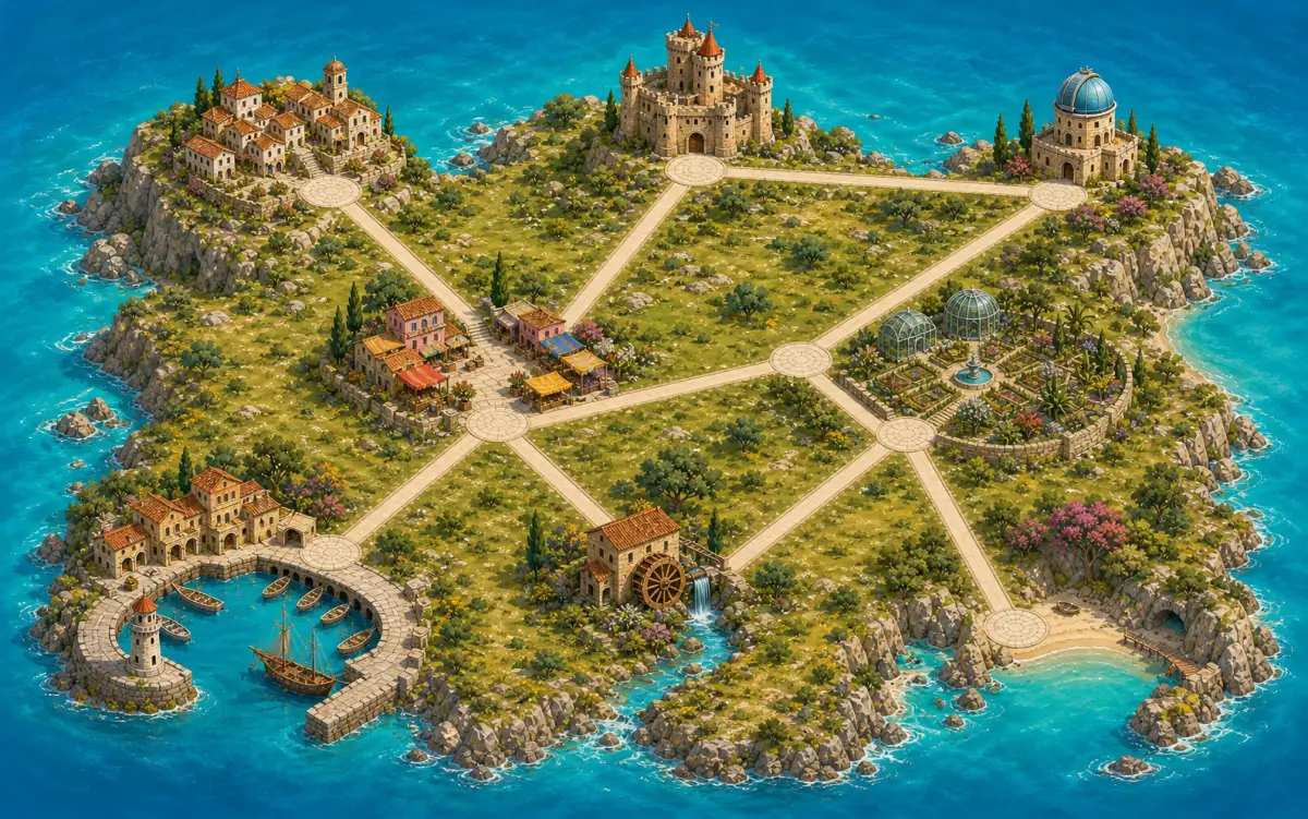 An illustrated island world with villages, a castle and winding routes