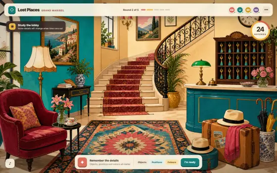 The Lost Places game screen showing the Grand Maribel hotel lobby