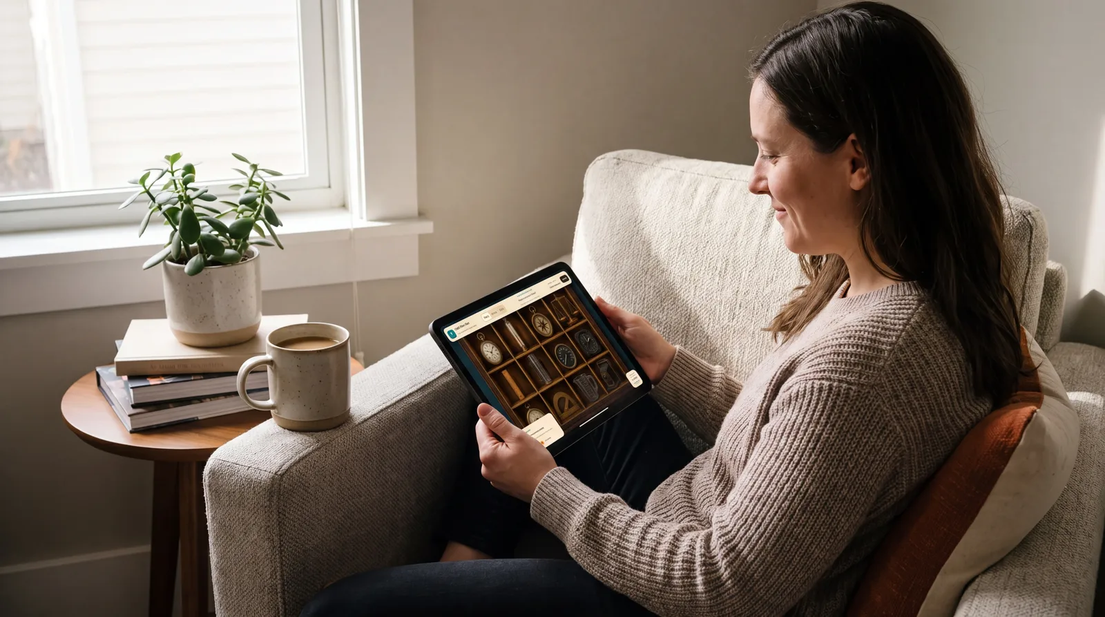 A player taking a quiet solo break with Odd One Out on a tablet