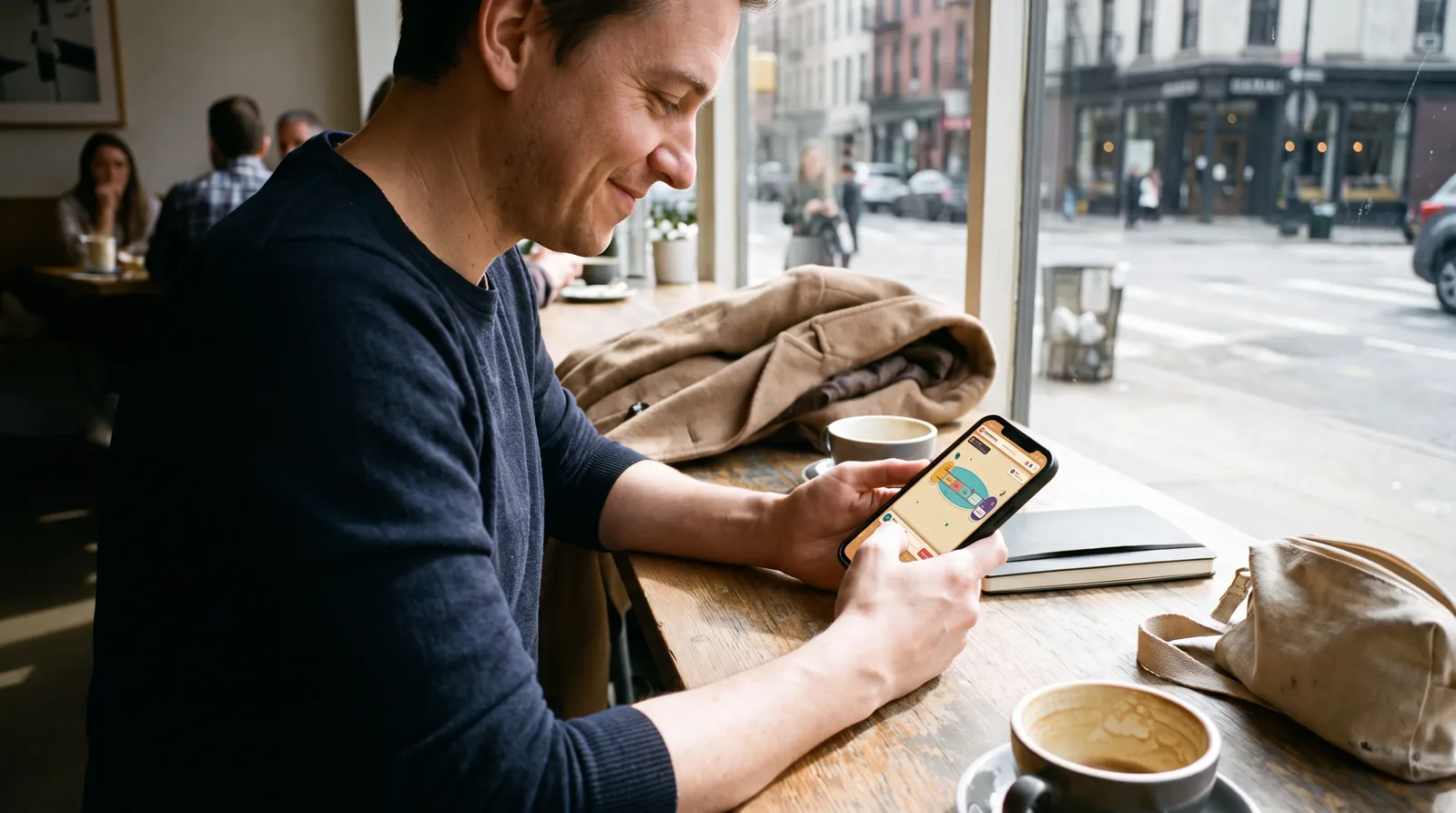 A player continuing a turn-by-turn Word Bridge match during a café break